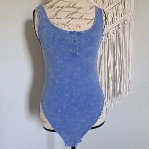 Ribbed Henley Bodysuit - Washed Denim Color